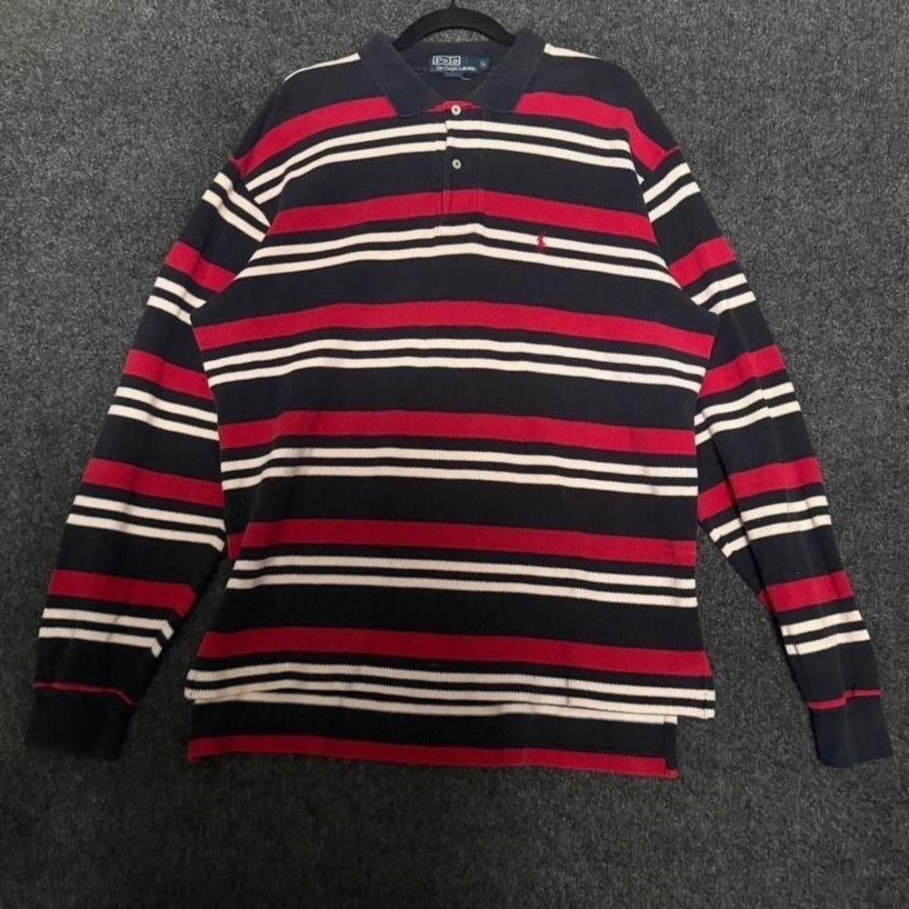 Vintage Polo Ralph Lauren Men's XL Red Back Striped Rugby Knit Long Sleeve 90s